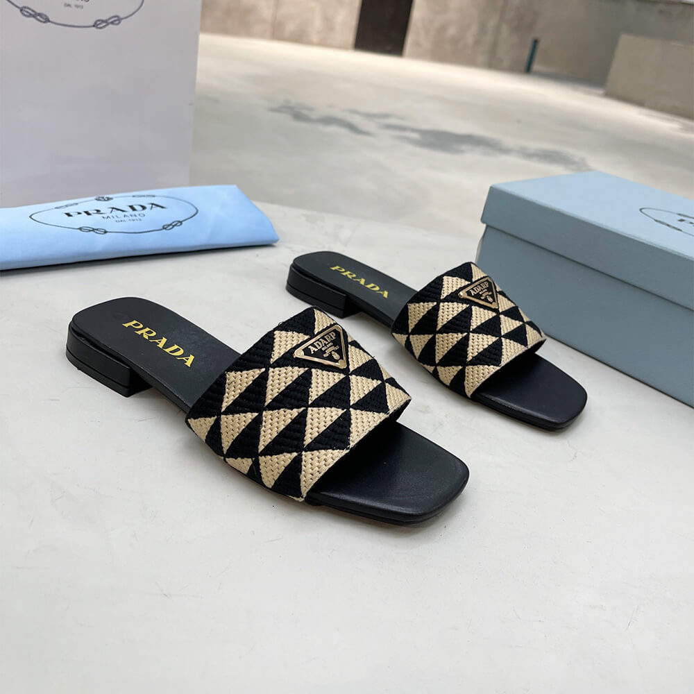 Prada Embroidered fabric slides